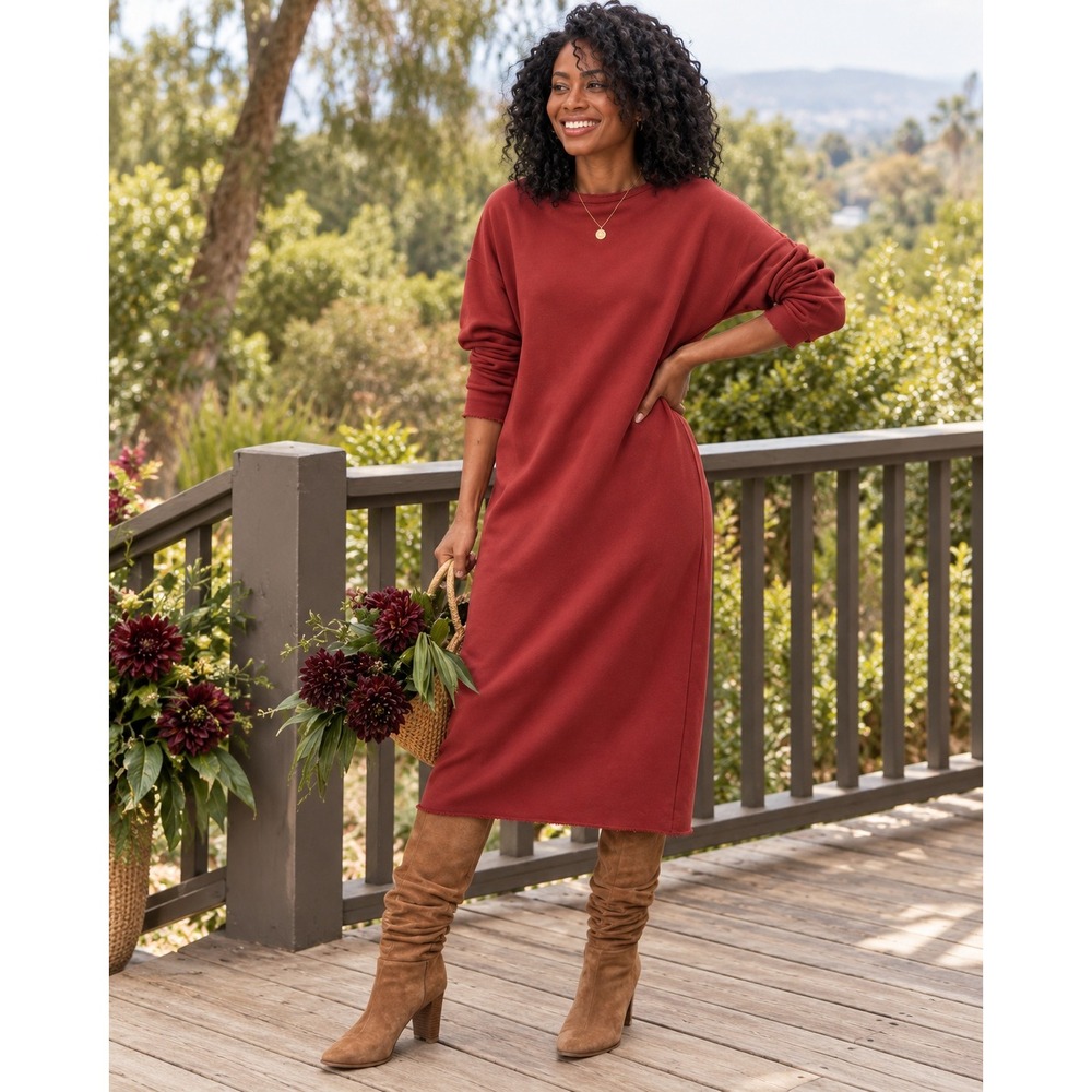 Frank & Eileen Isabelle Dress Triple Fleece Cranberry Cotton M Raw Edge Midi
